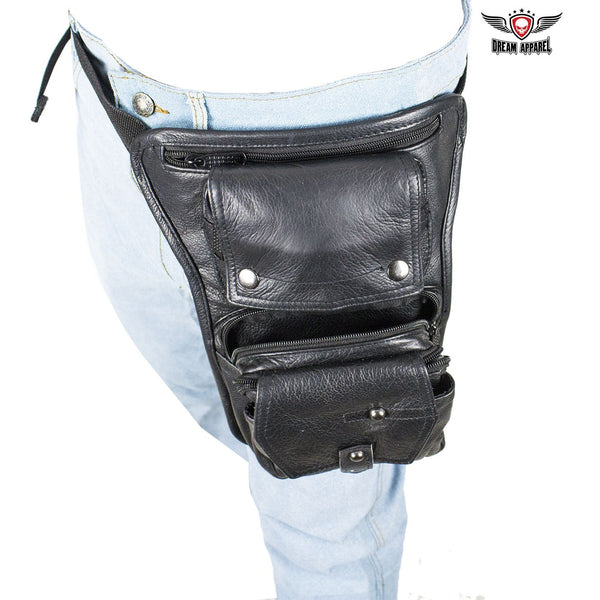 Premier Black Leather Multi Pocket Thigh Bags with Gun Pocket