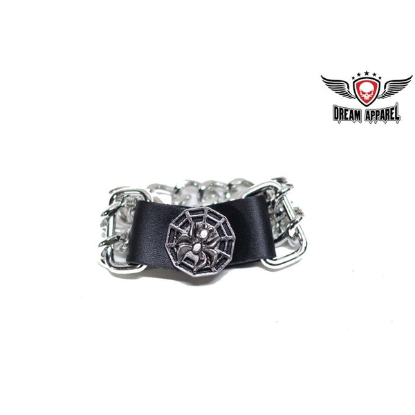 Vest Extender     Beautiful spider on web design     Chain Length: 4"     Diamond cut chrome chain     Dual Metal Chain     Authentic Leather     Total Length: 6.5"