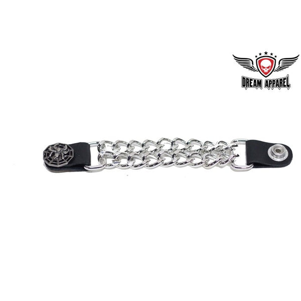     Vest Extender     Beautiful spider on web design     Chain Length: 4"     Diamond cut chrome chain     Dual Metal Chain     Authentic Leather     Total Length: 6.5"