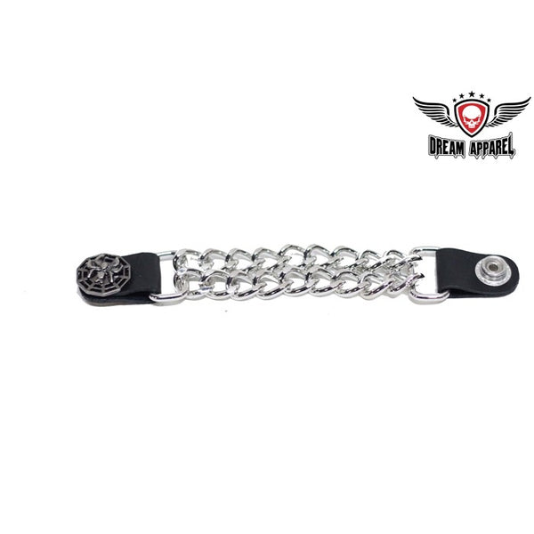 Vest Extender     Beautiful spider on web design     Chain Length: 4"     Diamond cut chrome chain     Dual Metal Chain     Authentic Leather     Total Length: 6.5"