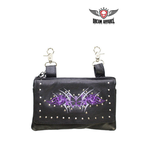 All Leather Purple Butterfly Belt Bag Purse Pouch