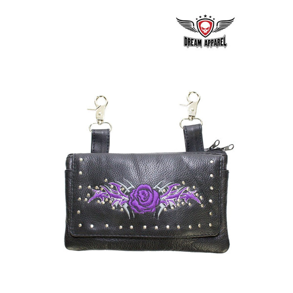 Purple Rose All Leather Belt Bag Purse Pouch