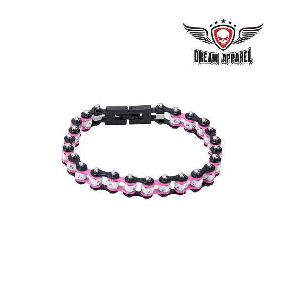 Black And Pink Squared Motorcycle Bracelet W/ Clear Gemstones