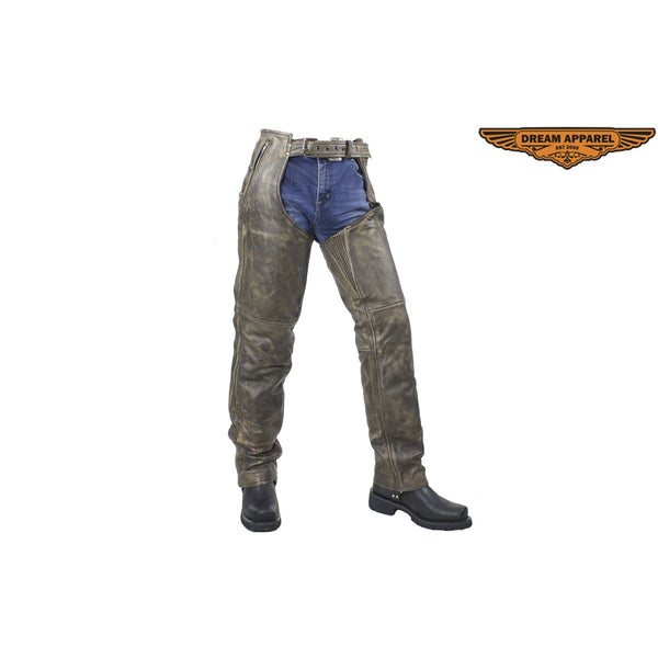 Distressed Brown Leather Motorcycle Chaps