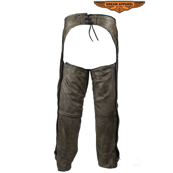 Distressed Brown Leather Motorcycle Chaps