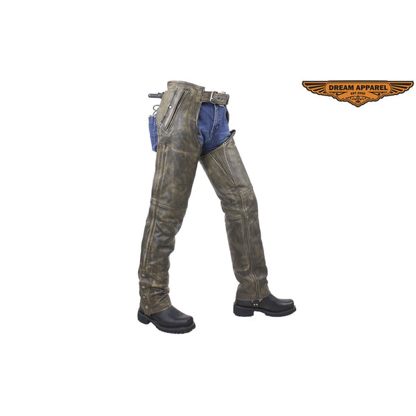 Distressed Brown Leather Motorcycle Chaps