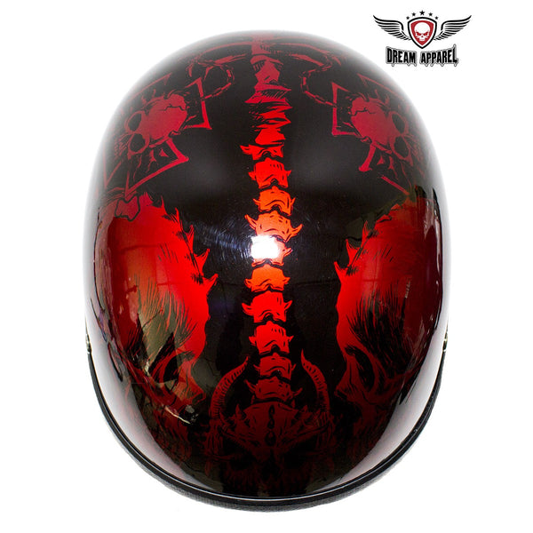 Shiny Burgundy Motorcycle Novelty Helmet with Horned Skeletons