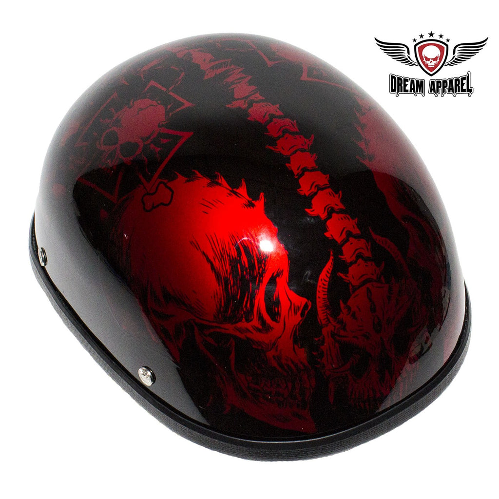 Shiny Burgundy Motorcycle Novelty Helmet with Horned Skeletons