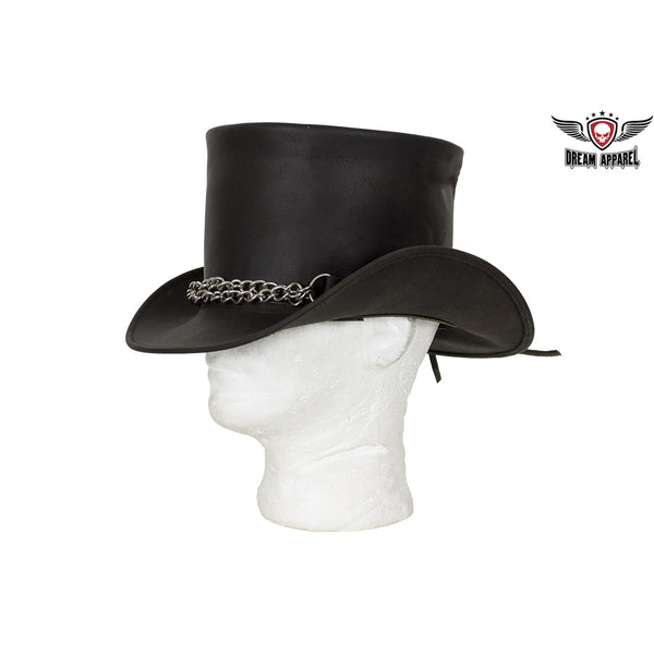 Black Leather Deadman Top Hat with Chrome Chain