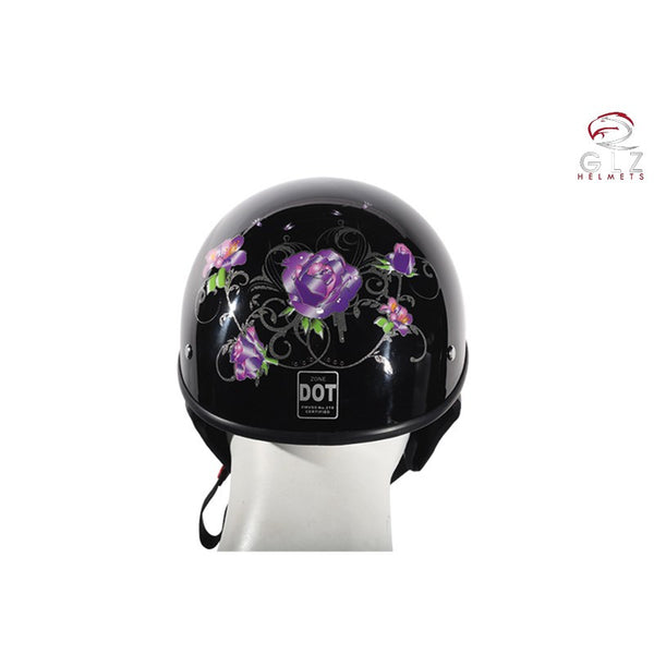 Womens DOT Approved Shiny Black Motorcycle Helmet With Purple Rose Design