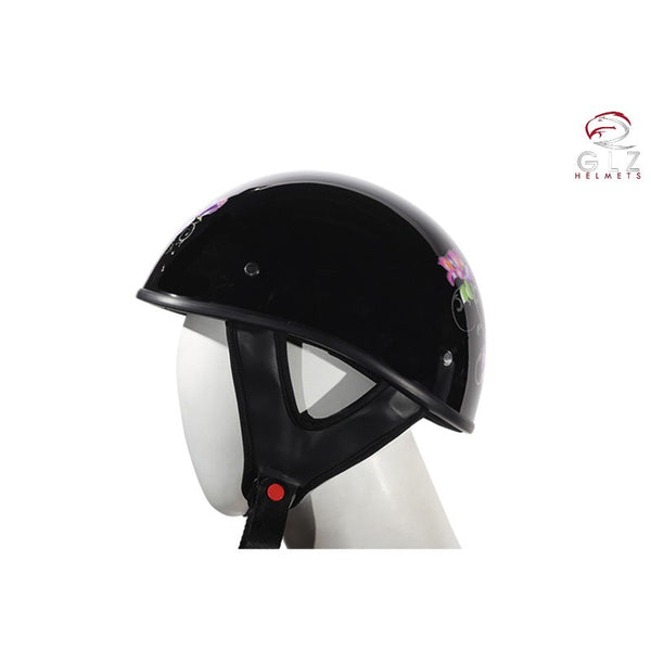 Womens DOT Approved Shiny Black Motorcycle Helmet With Purple Rose Design