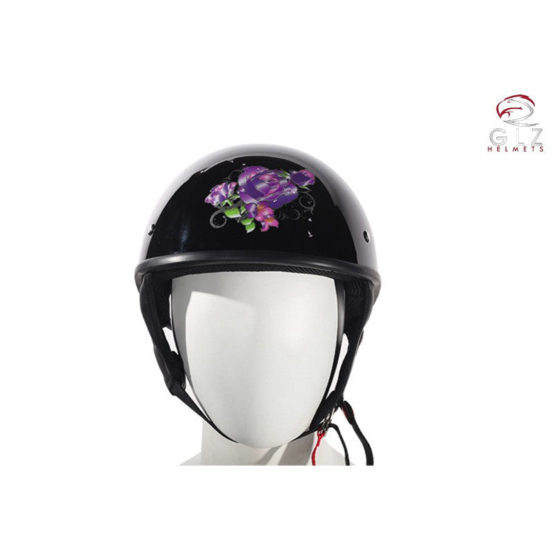 Womens DOT Approved Shiny Black Motorcycle Helmet With Purple Rose Design