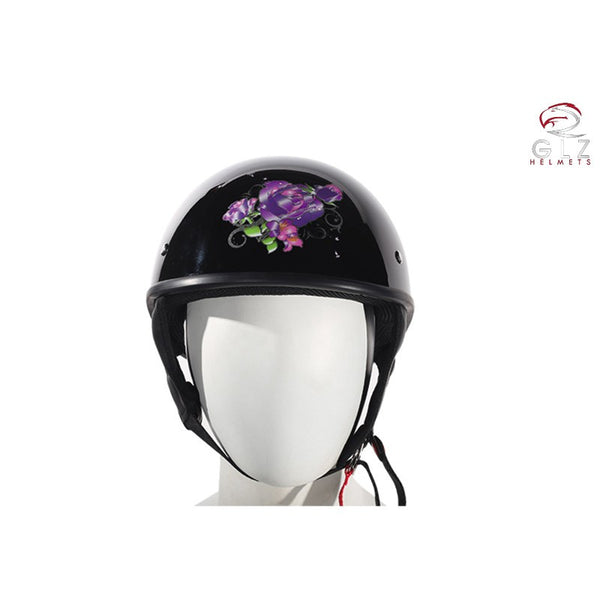Womens DOT Approved Shiny Black Motorcycle Helmet With Purple Rose Design