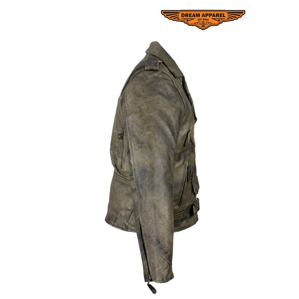 Distressed Brown Naked Cowhide Leather Motorcycle Jacket W/ Gun Pockets