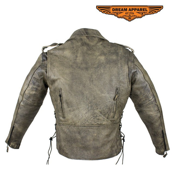 Distressed Brown Naked Cowhide Leather Motorcycle Jacket W/ Gun Pockets
