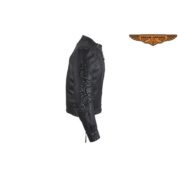 Women's Leather Jacket With Tribal Embroidery & Studs