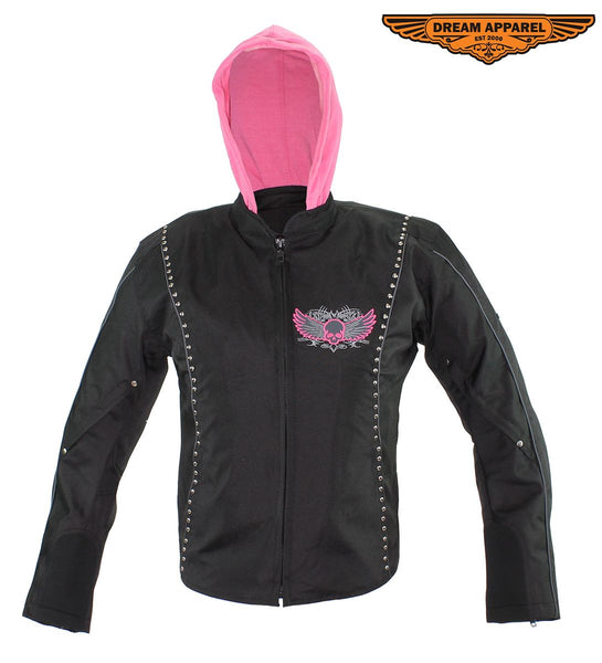 Women's Studed Motorcycle Textile Jacket With Pink Hoodie & Sull & Wings