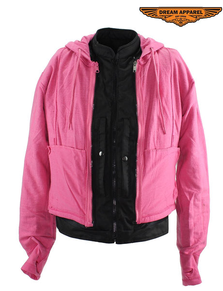 Women's Studed Motorcycle Textile Jacket With Pink Hoodie & Sull & Wings