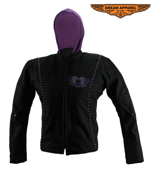 Women's Studed Motorcycle Textile Jacket With Purple Hoodie & Sull & Wings