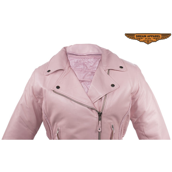 Womens Pink Top Grade Leather Motorcycle Jacket