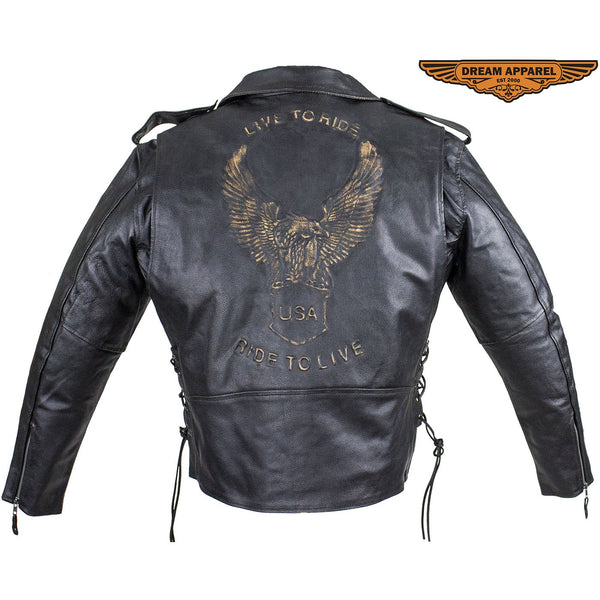 Mens Leather Motorcycle Jacket With Eagle