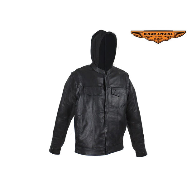 Black Leather Jacket with Removable Sleeves & Hoodie