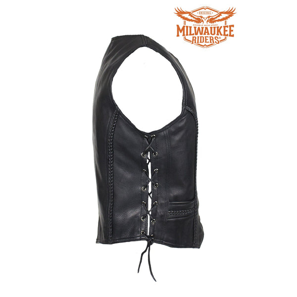 Womens Longer Motorcycle Vest With Braid By Milwaukee Riders