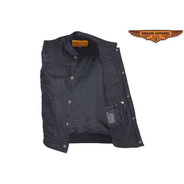Mens Black Denim Motorcycle Club Vest With Black Liner