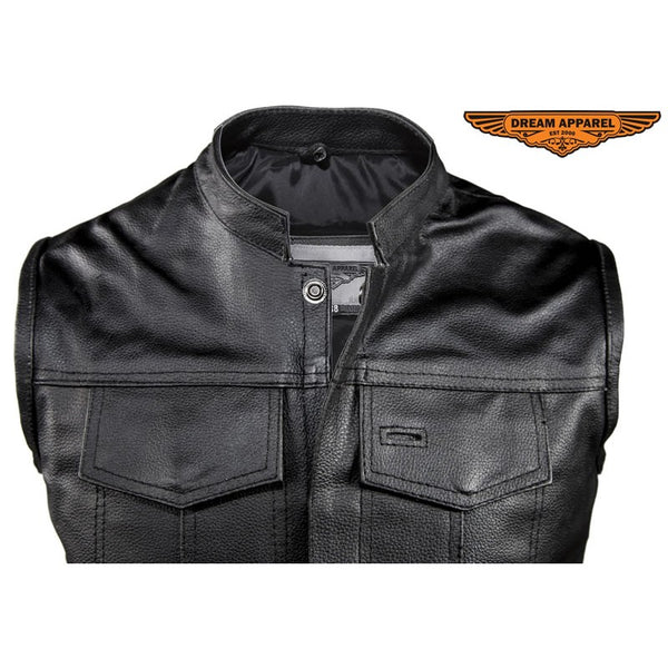 Mens Motorcycle Club Vest Made from leather 2 deep concealed gun pockets inside