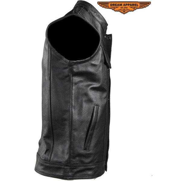 Mens Motorcycle Club Vest Made from leather 2 deep concealed gun pockets inside