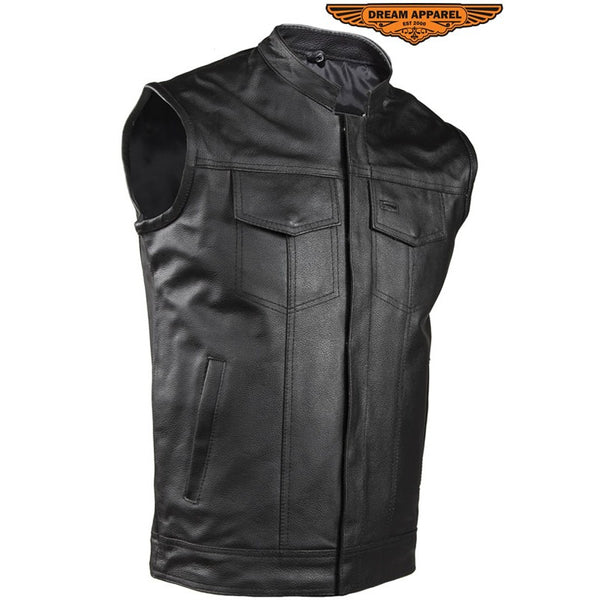 Mens Motorcycle Club Vest Made from leather 2 deep concealed gun pockets inside