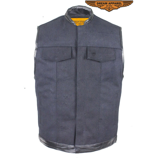 Mens Black Motorcycle Canvas Club Vest With Zipper