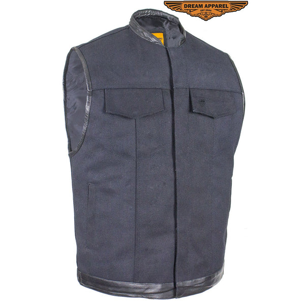 Mens Black Motorcycle Canvas Club Vest With Zipper