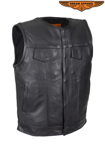 Men's Leather Motorcycle Vest Without Collar