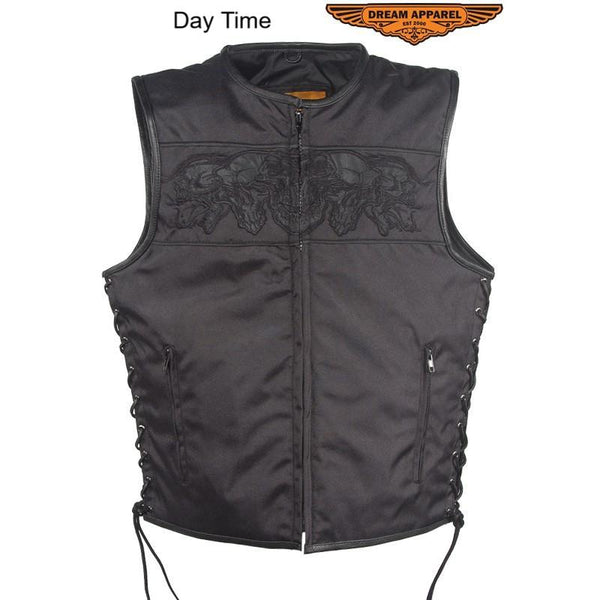 Men's Black Textile Motorcycle Vest With Reflective Skulls Across Chest & Back