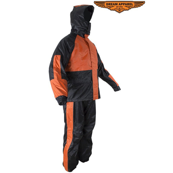Two-Piece Black & Orange Rain Suit With Zippered Side Seams