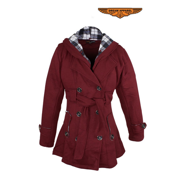 Ladies Burgundy Button Up Coat W/ Belt and Removable Hood