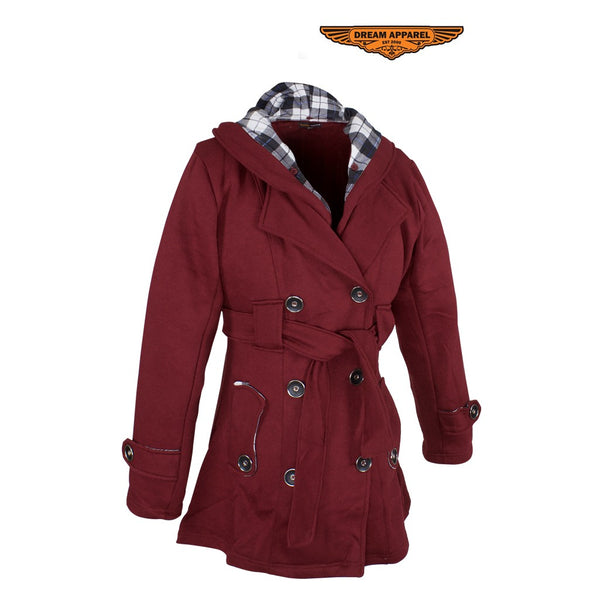 Ladies Burgundy Button Up Coat W/ Belt and Removable Hood