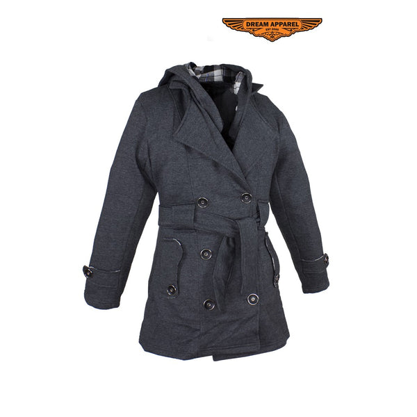 Ladies Dark Grey Button Up Coat W/ Belt and Removable Hood