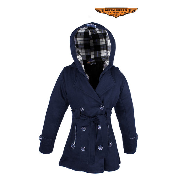 Ladies Navy Button Up Coat W/ Belt and Removable Hood