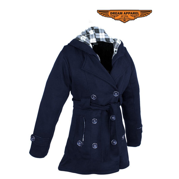 Ladies Navy Button Up Coat W/ Belt and Removable Hood