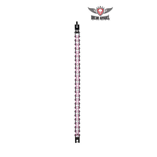 Black And Pink Squared Motorcycle Bracelet W/ Clear Gemstones