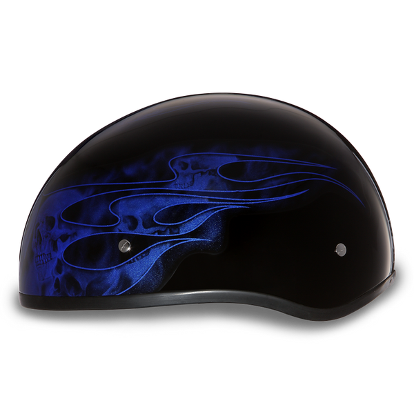 DAYTONA DOT Slim Line Skull Cap 1/2 Half Motorcycle Helmet Skull Blue Flame