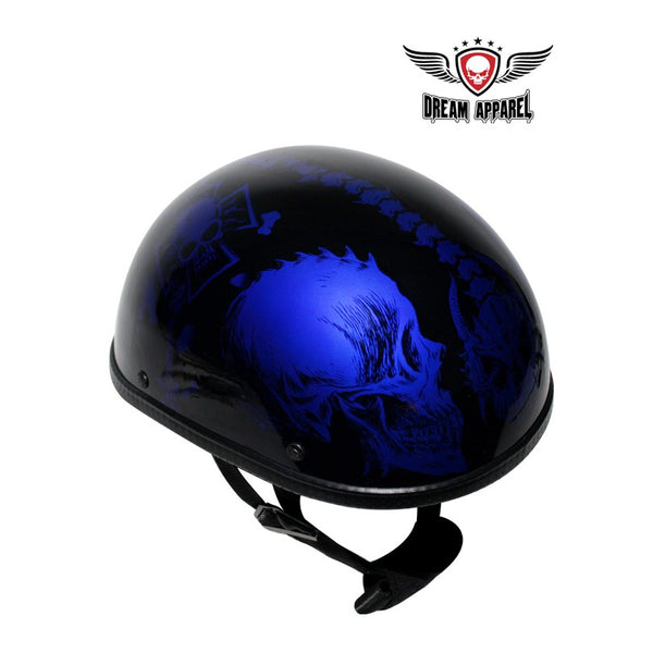 Shiny Blue Motorcycle Novelty Helmet With Horned Skeletons