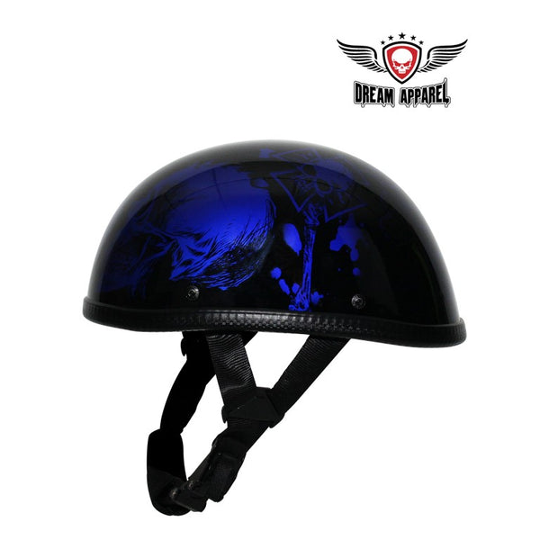 Shiny Blue Motorcycle Novelty Helmet With Horned Skeletons