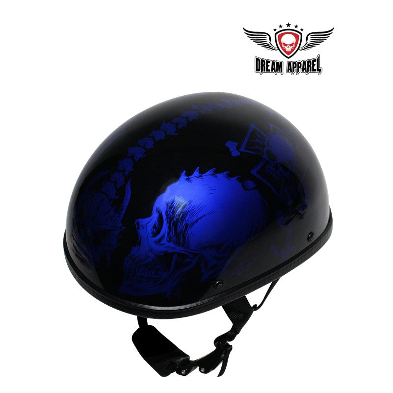 Shiny Blue Motorcycle Novelty Helmet With Horned Skeletons