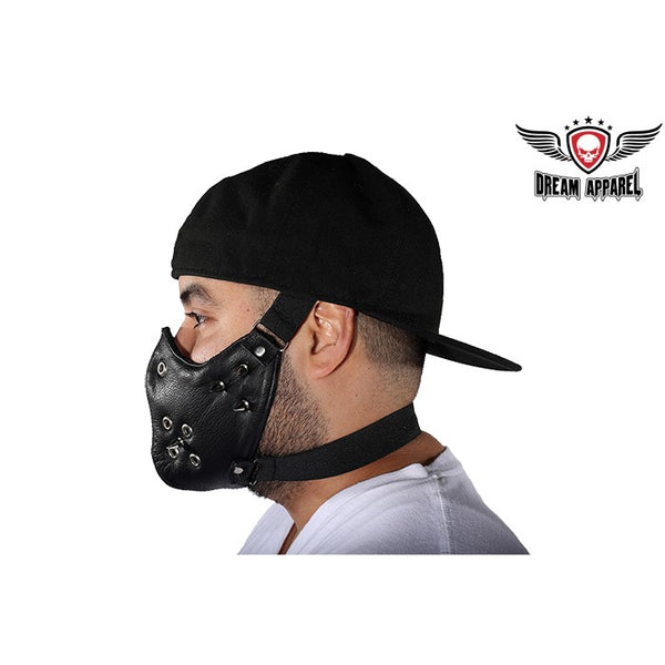 Black Leather Biker Face Mask With Spikes