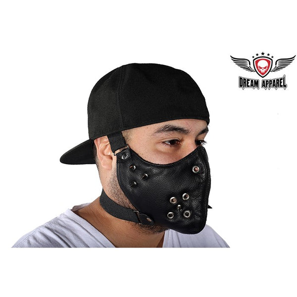 Black Leather Biker Face Mask With Spikes