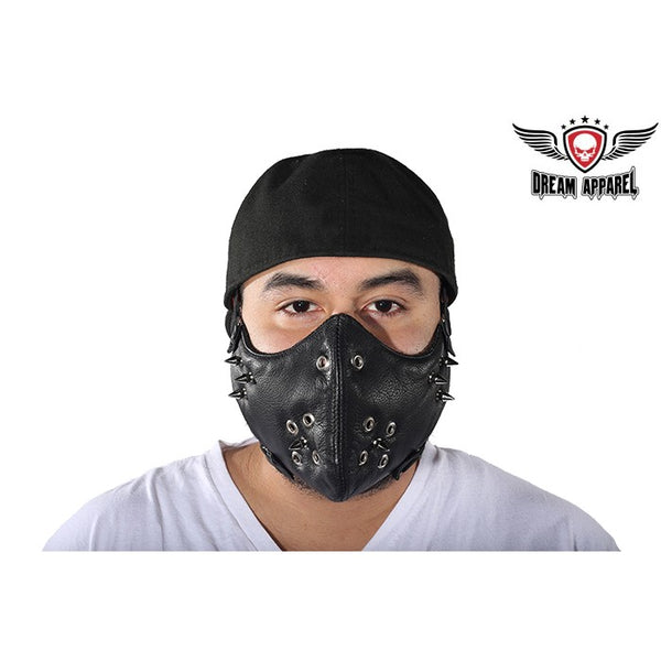 Black Leather Biker Face Mask With Spikes