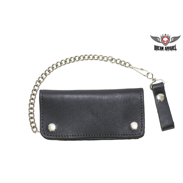Heavy duty, black leather bi-fold chain wallet